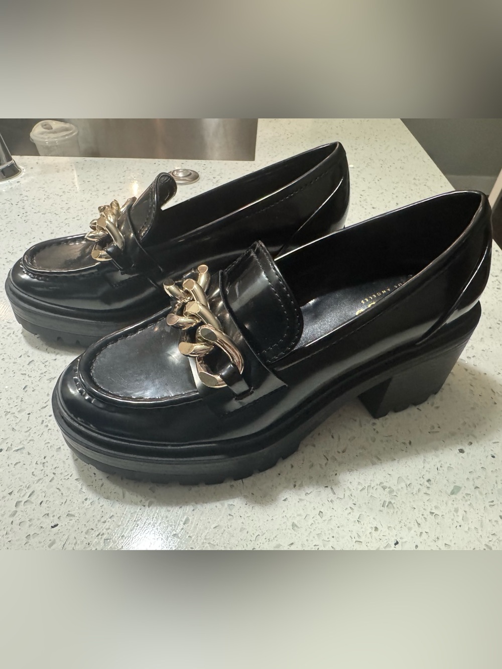 Guess Black Patent Platform Loafers with Gold Chain 7